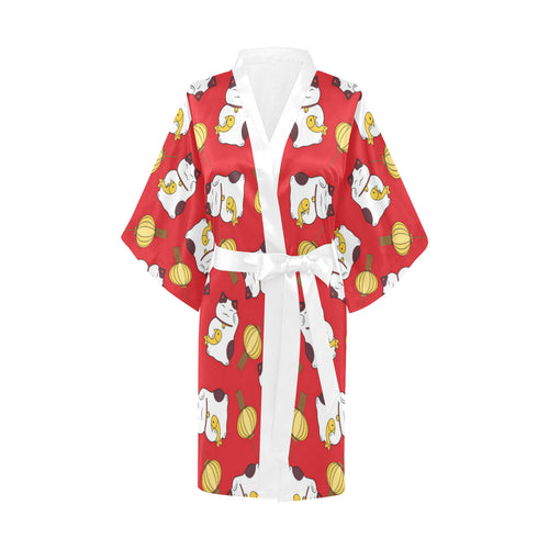 Meneki Neko Lucky Cat Pattern Red Theme Women's Short Kimono Robe