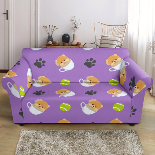 Pomeranian in Cup Pattern Loveseat Couch Slipcover