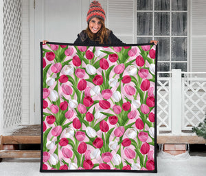 Pink White Tulip Pattern Premium Quilt