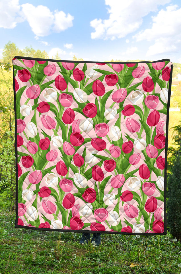 Pink White Tulip Pattern Premium Quilt