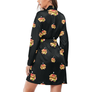 Sandwich Pattern Print Design 03 Women's Long Sleeve Belted Night Robe