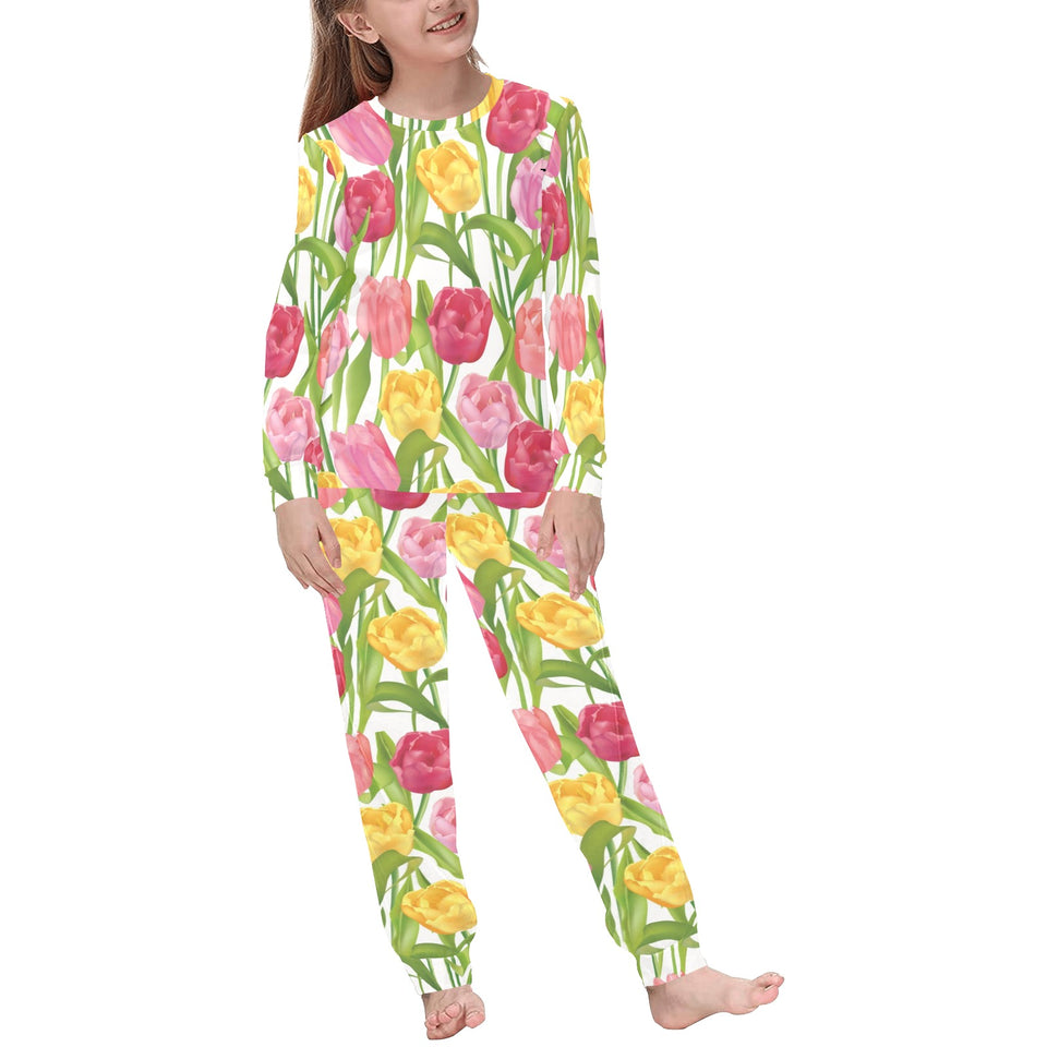 Pink Red Yellow Tulip Pattern Kids' Boys' Girls' All Over Print Pajama Set