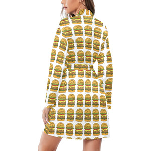 Hamburger Pattern Print Design 05 Women's Long Sleeve Belted Night Robe