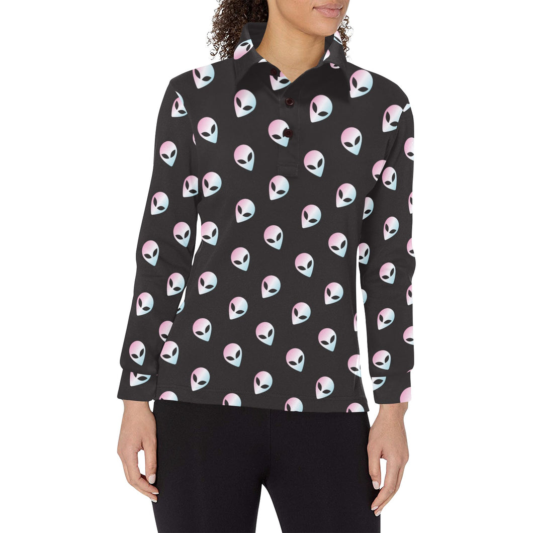 Alien Pattern Print Design 04 Women's Long Sleeve Polo Shirt