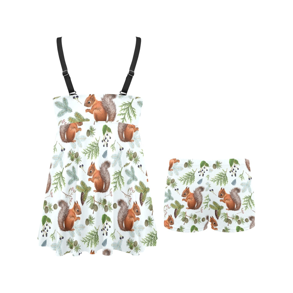 Squirrel Pattern Print Design 02 Chest Sexy Pleated Two Piece Swim Dress