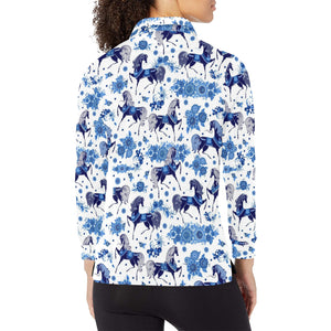 Horse Flower Blue Theme Pattern Women's Long Sleeve Polo Shirt