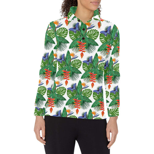 Heliconia Butterfly Leaves Pattern Women's Long Sleeve Polo Shirt