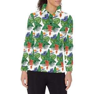 Heliconia Butterfly Leaves Pattern Women's Long Sleeve Polo Shirt