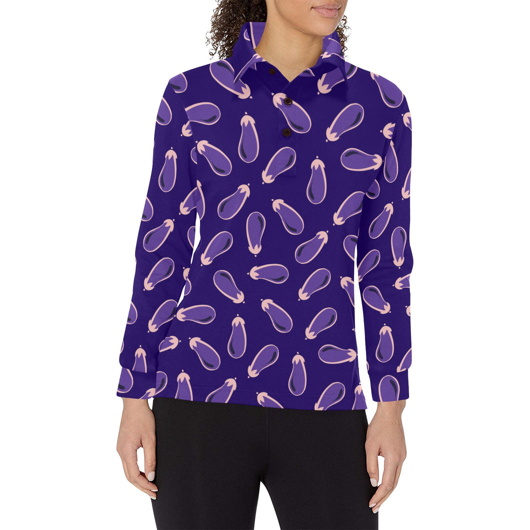 Eggplant Pattern Print Design 02 Women's Long Sleeve Polo Shirt