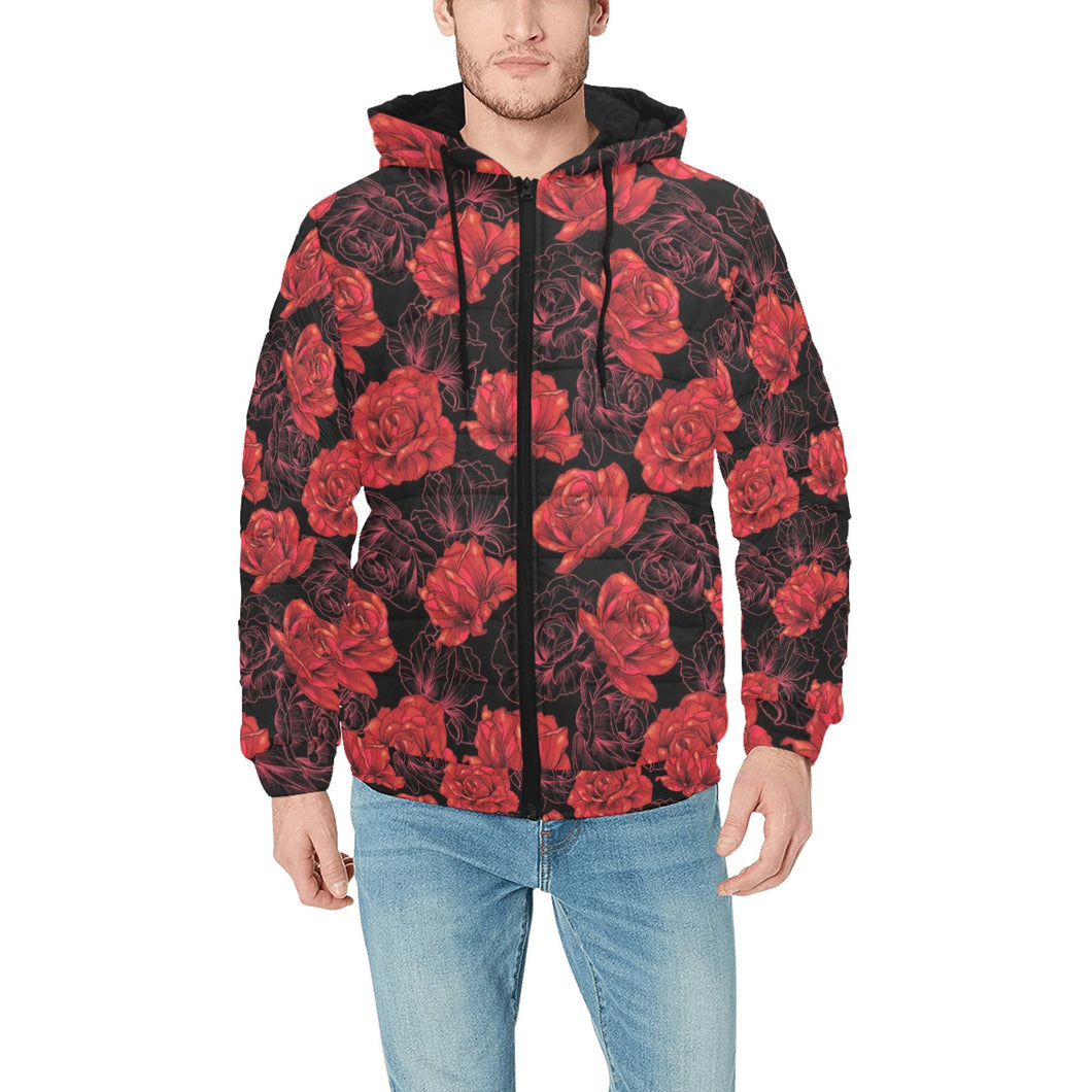 Rose Pattern Print Design 01 Men's Padded Hooded Jacket(ModelH42)