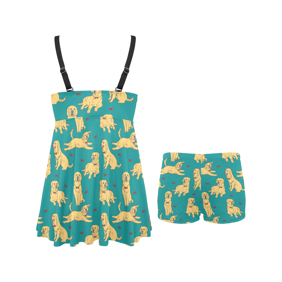 Golden Retriever Pattern Print Design 05 Chest Sexy Pleated Two Piece Swim Dress