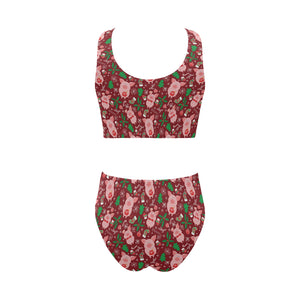 Pig Pattern Print Design 01 Chest Bowknot High Waisted Bikini Swimsuit