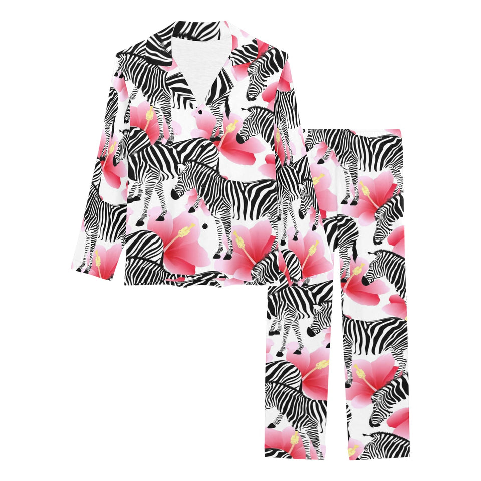 Zebra Red Hibiscus Pattern Women's Long Pajama Set