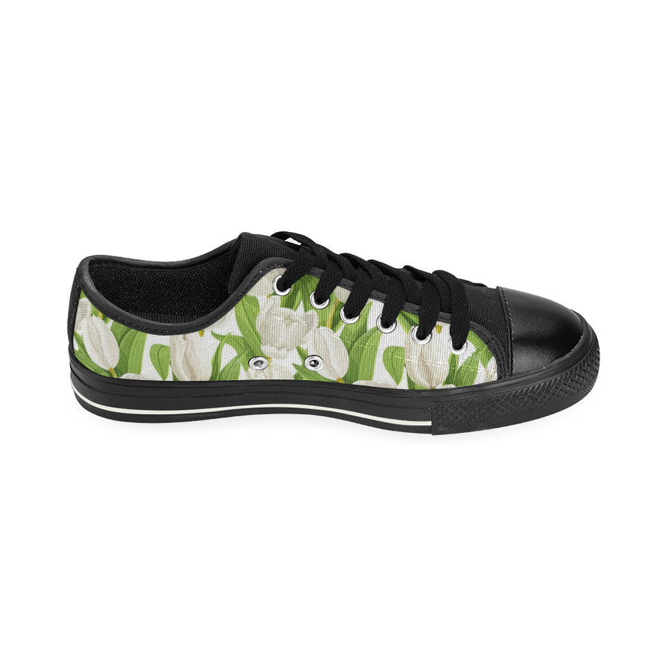 White Tulip Pattern Men's Low Top Canvas Shoes Black