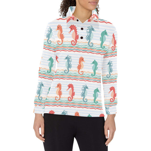 Seahorse Pattern Theme Women's Long Sleeve Polo Shirt