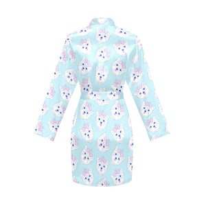 Yorkshire Terrier Pattern Print Design 01 Women's Long Sleeve Belted Night Robe