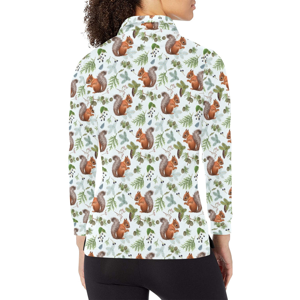 Squirrel Pattern Print Design 02 Women's Long Sleeve Polo Shirt