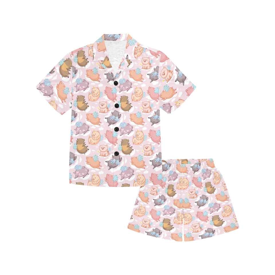 Pig Pattern Print Design 02 Kids' Boys' Girls' V-Neck Short Pajama Set