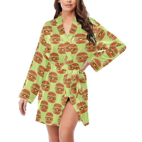 Hamburger Pattern Print Design 02 Women's Long Sleeve Belted Night Robe