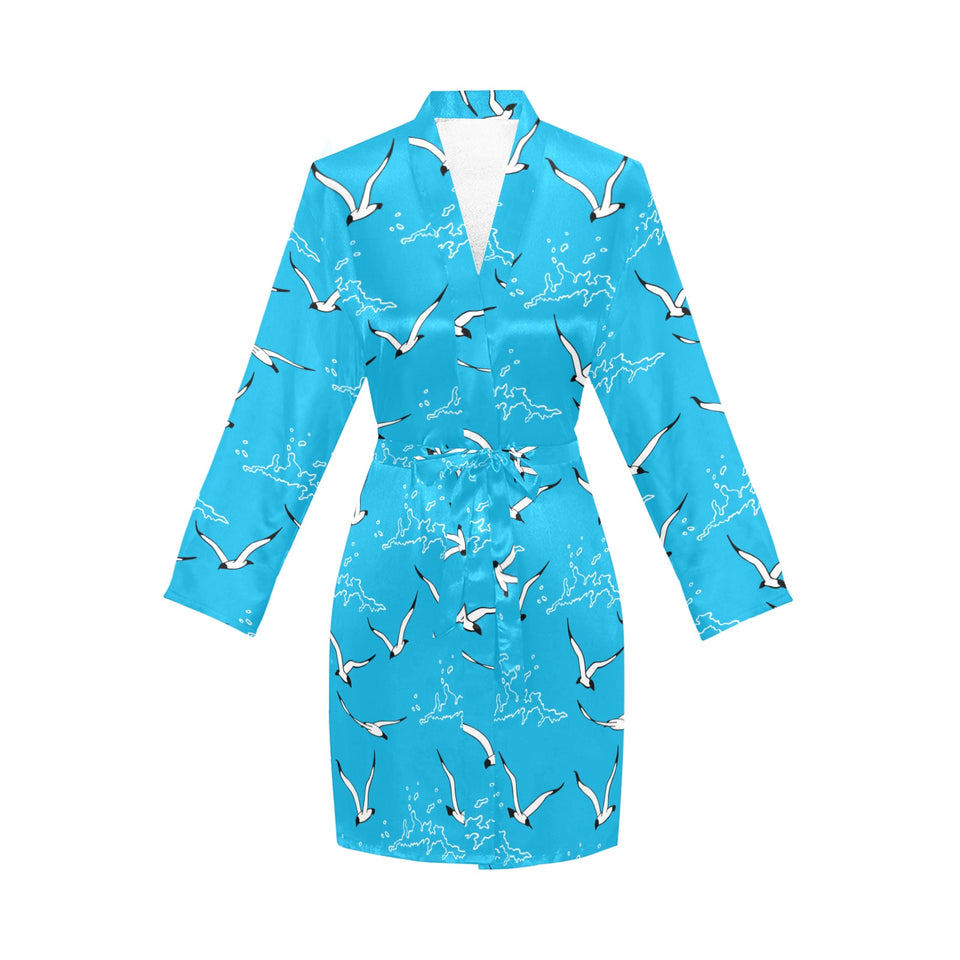 Seagull Pattern Print Design 05 Women's Long Sleeve Belted Night Robe