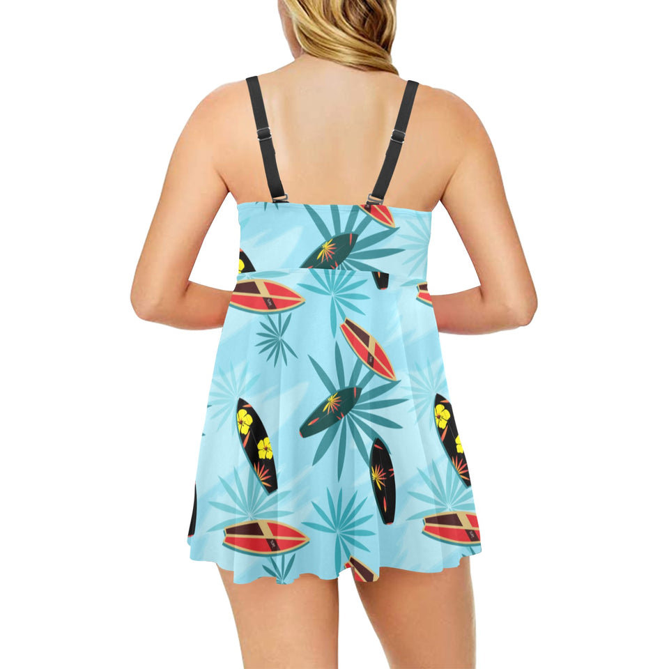 Surfboard Pattern Print Design 03 Chest Sexy Pleated Two Piece Swim Dress