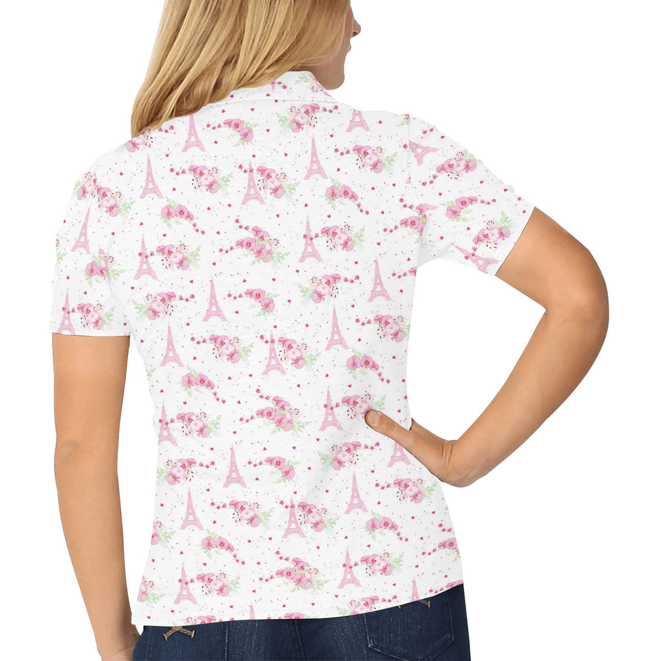 Eiffel Tower Pink Theme Pattern Print Design 05 Women's All Over Print Polo Shirt