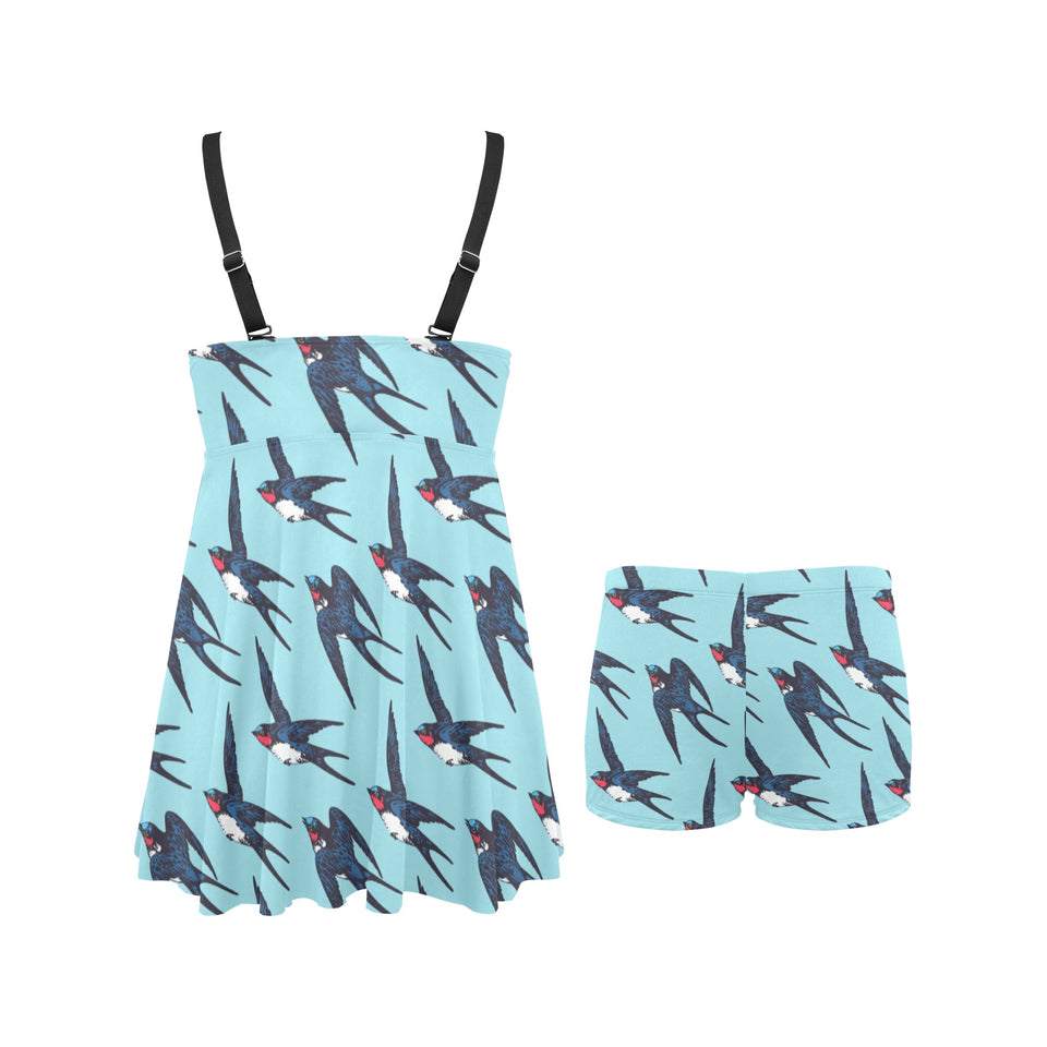 Swallow Pattern Print Design 01 Chest Sexy Pleated Two Piece Swim Dress