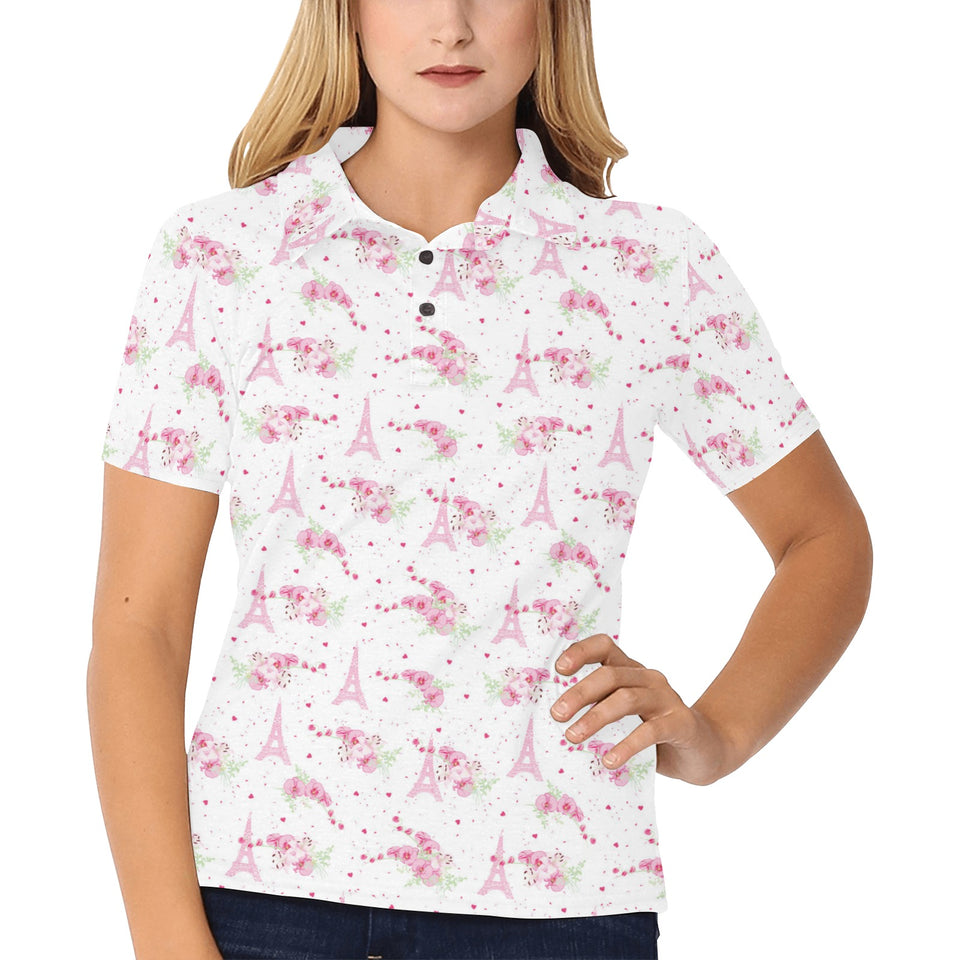 Eiffel Tower Pink Theme Pattern Print Design 05 Women's All Over Print Polo Shirt