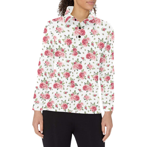 Rose Pattern Print Design 02 Women's Long Sleeve Polo Shirt