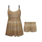 Wood Printed Pattern Print Design 02 Chest Sexy Pleated Two Piece Swim Dress