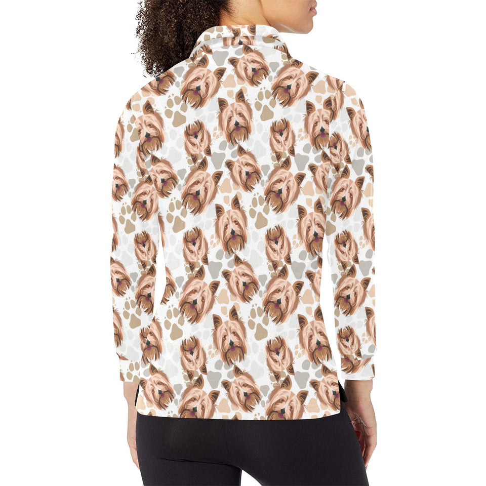 Yorkshire Terrier Pattern Print Design 04 Women's Long Sleeve Polo Shirt