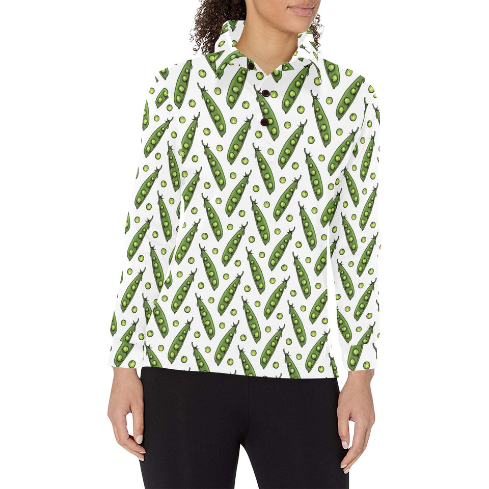 Green Peas Pattern Print Design 03 Women's Long Sleeve Polo Shirt