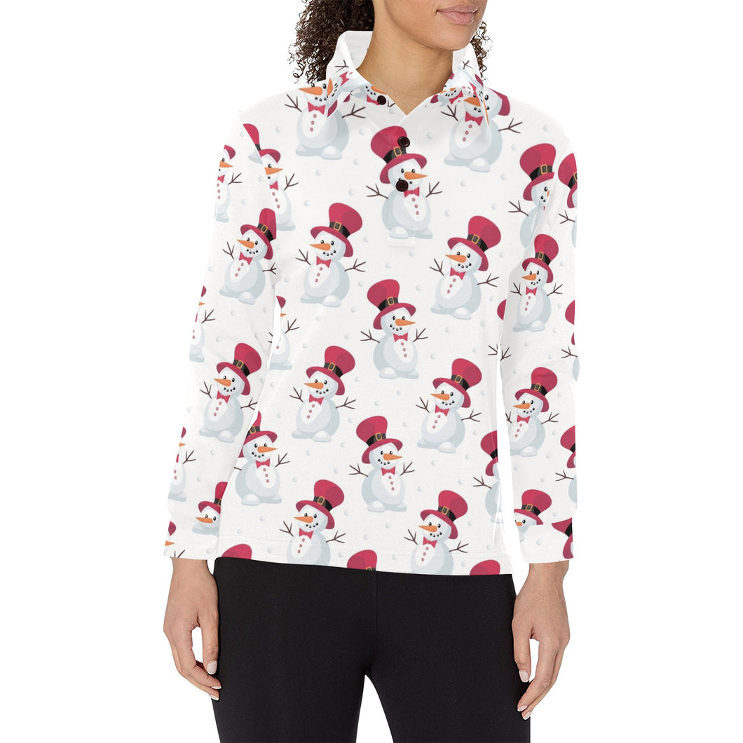 Cute Snowman Pattern Women's Long Sleeve Polo Shirt