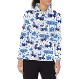 Horse Flower Blue Theme Pattern Women's Long Sleeve Polo Shirt