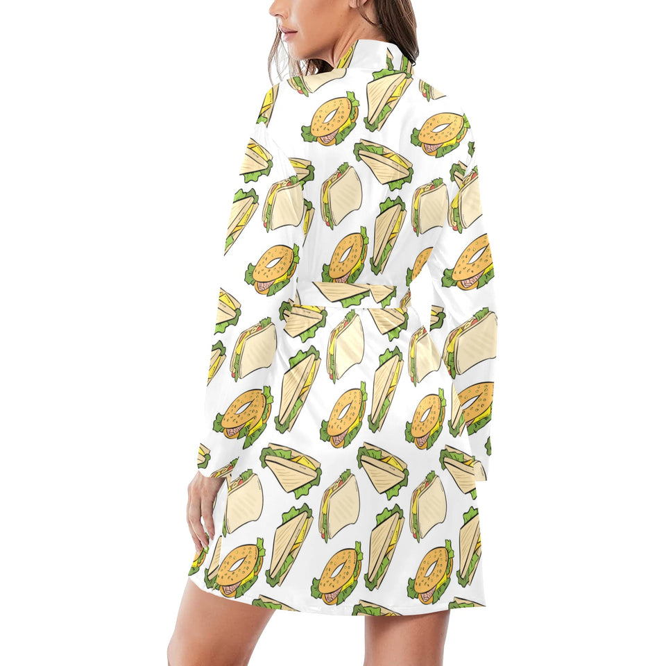 Sandwich Pattern Print Design 05 Women's Long Sleeve Belted Night Robe