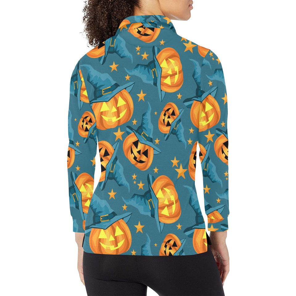 Halloween Pumpkin Witch Hat Pattern Women's Long Sleeve Polo Shirt