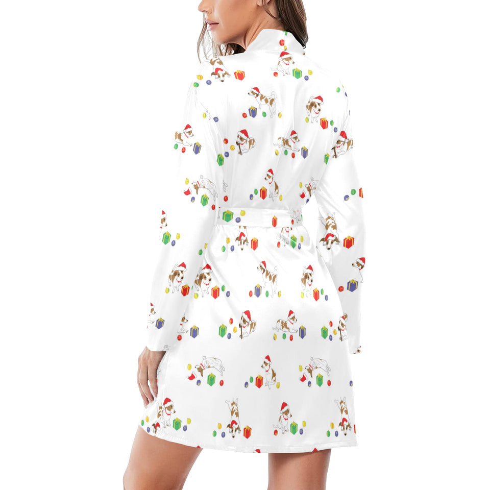 Jack Russel Pattern Print Design 02 Women's Long Sleeve Belted Night Robe