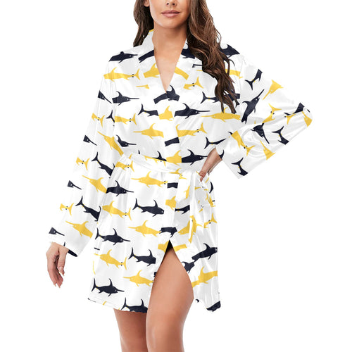 Swordfish Pattern Print Design 05 Women's Long Sleeve Belted Night Robe