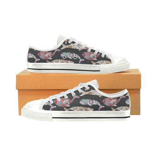 Whale Flower Tribal Pattern Women's Low Top Canvas Shoes White