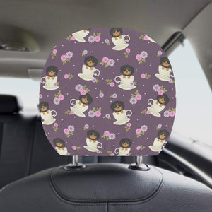 Dachshund in Coffee Cup Flower Pattern Car Headrest Cover