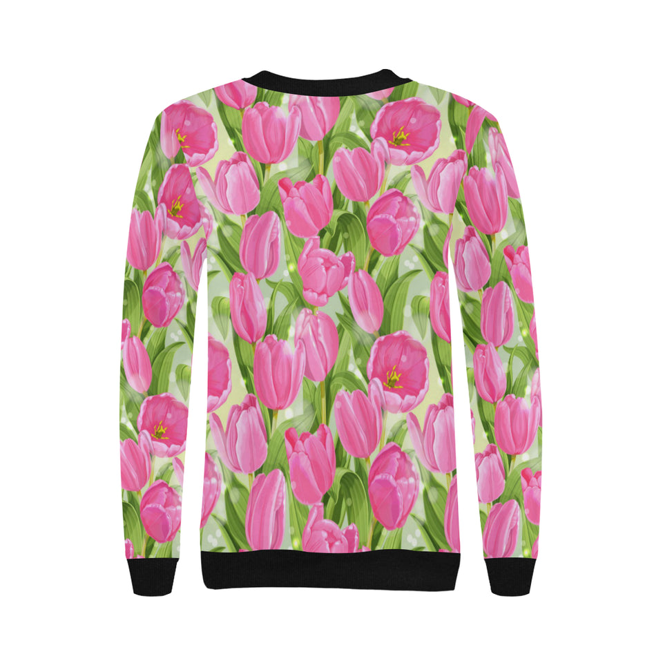 Pink Tulip Pattern Women's Crew Neck Sweatshirt