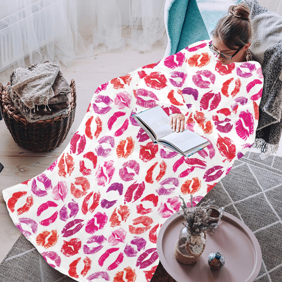 Lips Pattern Print Design 04 Blanket Robe with Sleeves