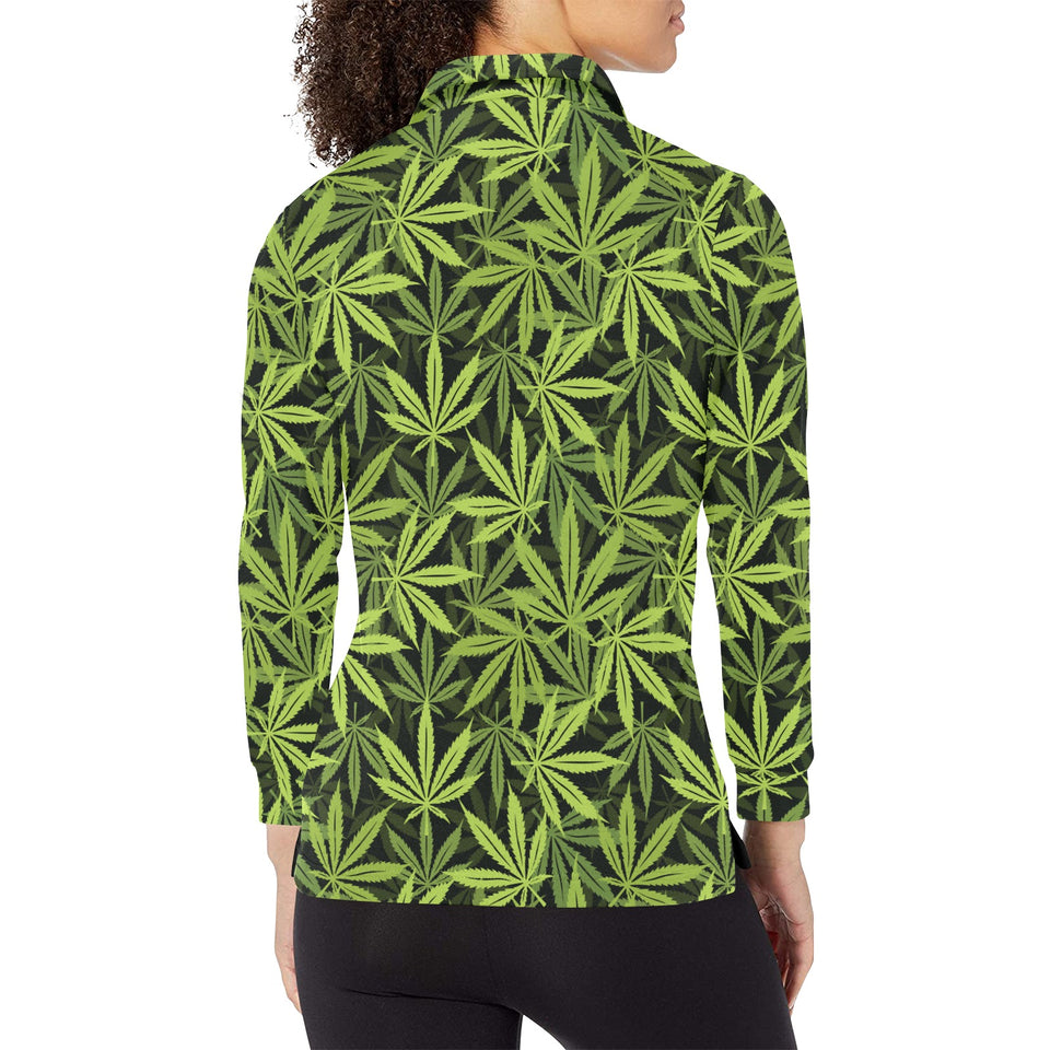 Canabis Marijuana Weed Pattern Print Design 03 Women's Long Sleeve Polo Shirt