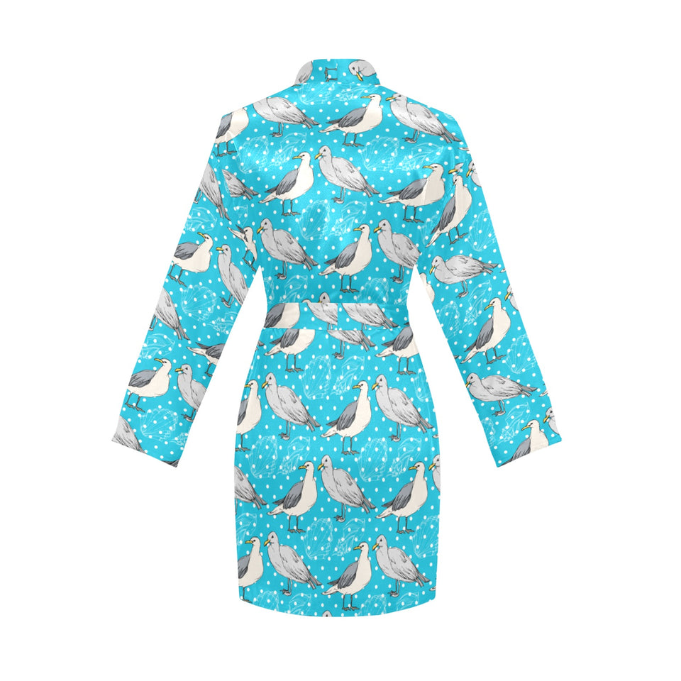 Seagull Pattern Print Design 02 Women's Long Sleeve Belted Night Robe