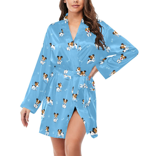 Jack Russel Pattern Print Design 04 Women's Long Sleeve Belted Night Robe