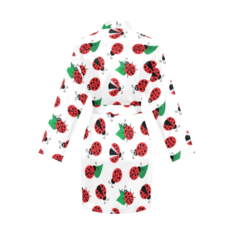 Ladybug Pattern Print Design 01 Women's Long Sleeve Belted Night Robe