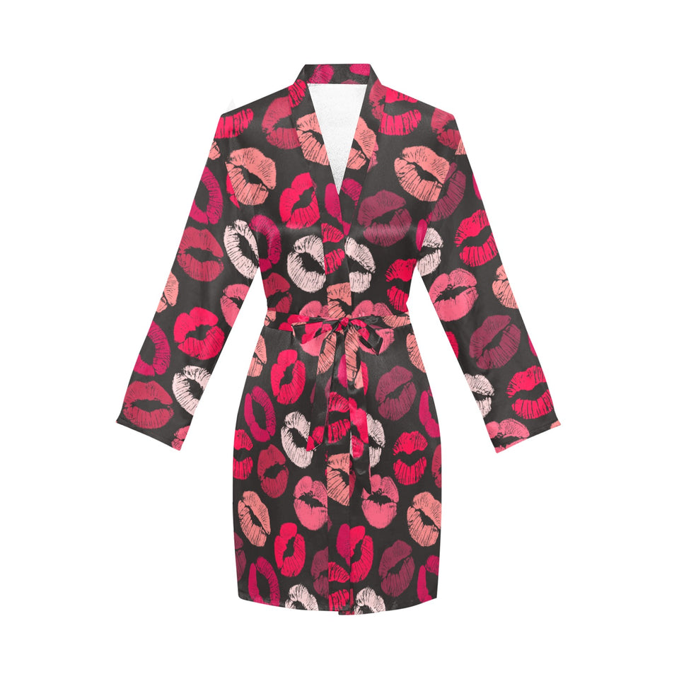 Lips Pattern Print Design 02 Women's Long Sleeve Belted Night Robe