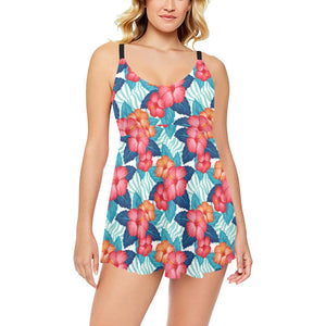 Hibiscus Pattern Print Design 05 Chest Sexy Pleated Two Piece Swim Dress