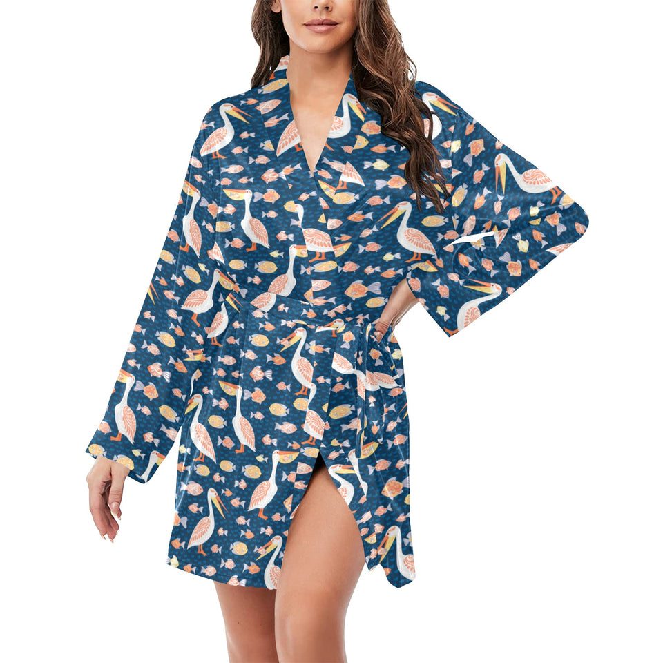 Pelican Pattern Print Design 01 Women's Long Sleeve Belted Night Robe