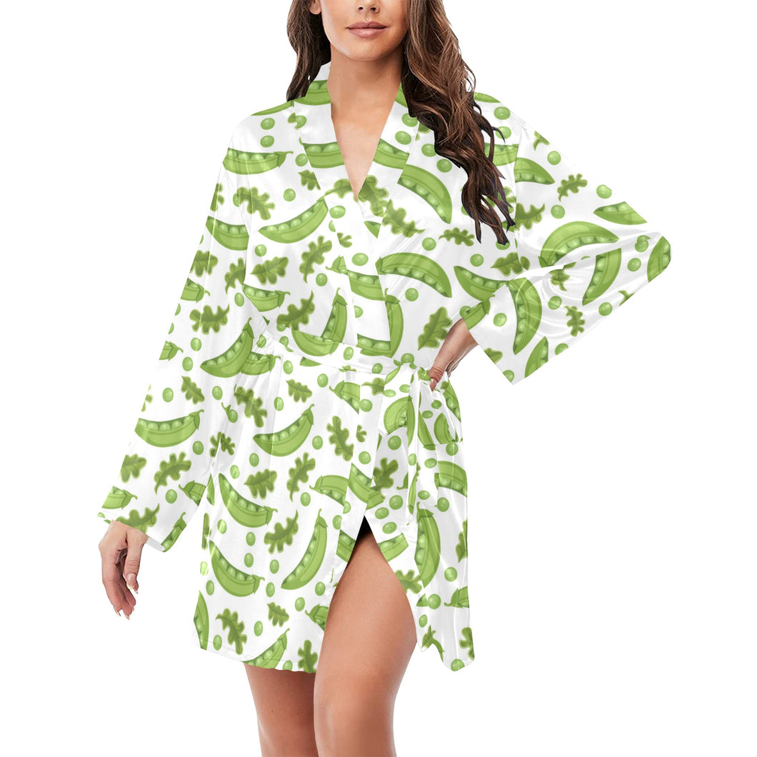 Green Peas Pattern Print Design 02 Women's Long Sleeve Belted Night Robe